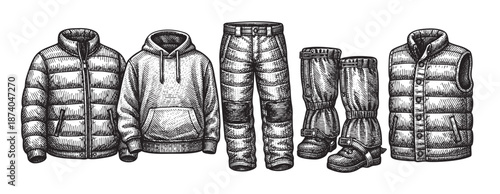 A detailed vintage-style black and white engraving illustration of essential winter apparel, including a puffer jacket, hoodie, pants, and boots, on a clean white background.
