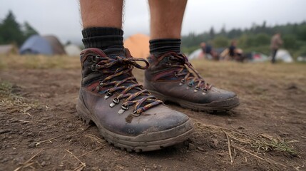 Close up of worn muddy hiking boots with colorful laces standing on the ground at an outdoor campsite