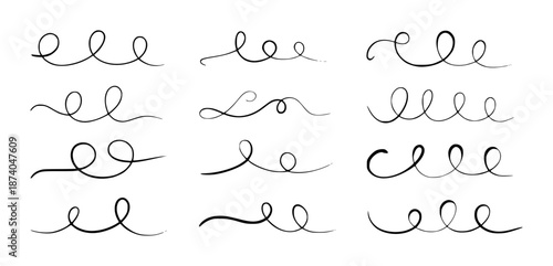 Collection of black hand drawn calligraphic flourishes and swirls a white background decorative vintage