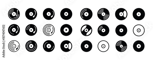 Set of 24 minimal vinyl record icons in black and white design