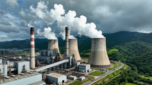 Wallpaper Mural Industrial Power Plant Cooling Towers Emitting Steam Against a Dramatic Cloudy Sky Over Green Hills Torontodigital.ca