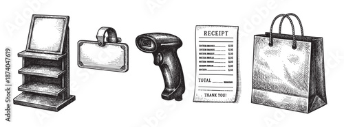A vintage hand-drawn sketch collection featuring retail shopping elements like a display stand, tag, barcode scanner, receipt, and shopping bag on a white background.