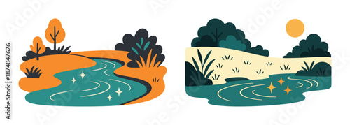 Colorful abstract landscapes with streams and natural elements