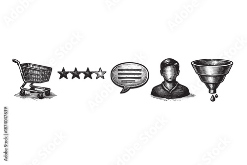 A monochrome graphic illustration displays a shopping cart, three out of five stars, a chat bubble, a silhouette of a person, and a funnel with a drop.