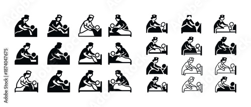 Silhouette icons of nurses providing medical care in various positions