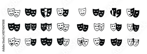 Various theater mask icons in black and white displaying comedy and tragedy