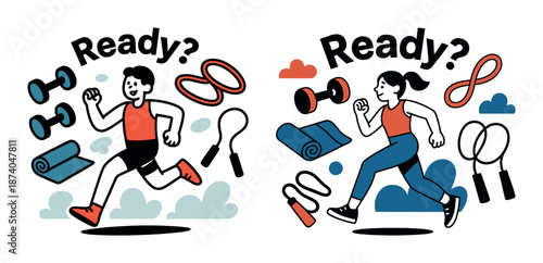 Ready? male and female fitness enthusiasts running with exercise equipment