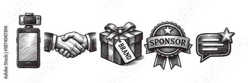 A black and white illustration of business icons, including a smartphone with a camera, a handshake, a gift box, a sponsor ribbon, and a speech bubble.
