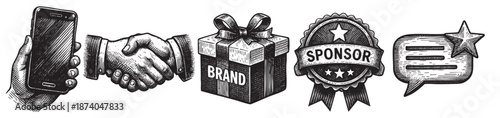 A collection of vintage-style illustrations representing business concepts: a hand holding a smartphone, a handshake, a gift box labeled BRAND, a SPONSOR badge, and a speech bubble with a star.