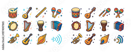 Colorful musical instruments icons collection with drums, guitars, trumpet, maracas, and harp