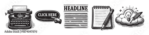 A collection of vintage writing elements including a typewriter, a click button, newspaper, notebook, pencil, and a lightbulb idea on a cloud, presented in a woodcut style.