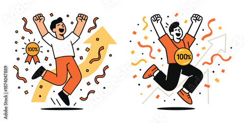 Cheerful cartoon men celebrating success with 100% achievement ribbons