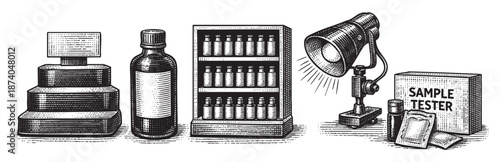 Vintage-style illustration showcasing scientific equipment, including a scale, bottles, a shelf with samples, a spotlight, and a box labeled "SAMPLE TESTER" with small packets.