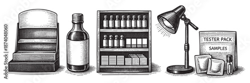 A vintage black and white illustration depicts various pharmacy products and promotional items, including display stands, bottles, and sample packets, under a desk lamp.