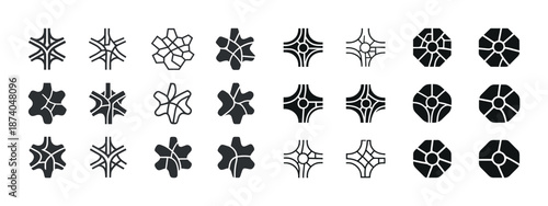 Diverse roundabout traffic symbols and intersection designs in black silhouettes