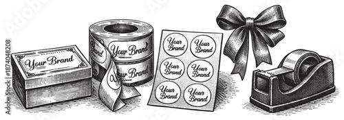 A vintage illustration depicts branding materials including a box, roll of stickers, circular labels, a red ribbon bow, and a tape dispenser.