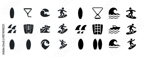 Surfing adventure icons collection: surfboards, waves, surfers, boats