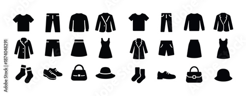 Silhouette collection of various clothing and accessories icons