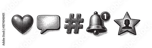 Engraved style social media icons including a heart, chat bubble, hashtag, notification bell, and star with profile silhouette on white background.