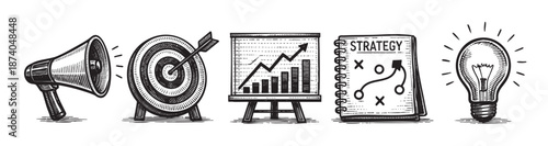 A collection of black and white hand-drawn icons representing key business concepts including communication, goals, analytics, planning, and innovation.