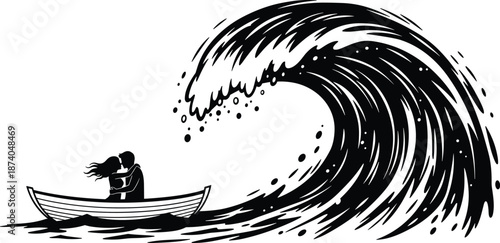 Romantic couple in boat facing giant wave, symbolizing love, resilience, intimacy, and emotional strength in dramatic ocean scene.