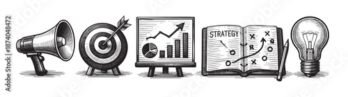 A collection of black and white hand-drawn icons representing key business concepts including communication, goals, analytics, planning, and innovation.