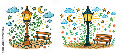 Whimsical night park landscape with lanterns, benches, and colorful sky