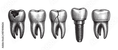 This vintage illustration depicts the progression of dental health, showcasing a decayed tooth, a cracked tooth, and a healthy tooth alongside a dental implant.