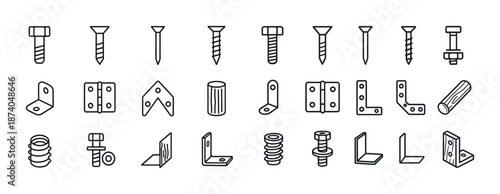 Assorted screw and bracket icons: hardware line art collection