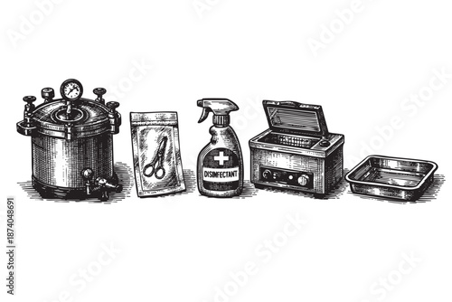 A black and white illustration of medical sterilization tools including a pressure cooker, sterile packaging, disinfectant spray, ultrasonic cleaner, and tray, ideal for healthcare or laboratory conte