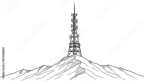 Detailed Black and White Illustration of a Tall Communication Tower.