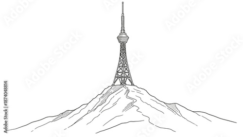 Black and White Illustration of Tower on Mountain Peak.