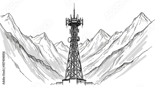 Detailed Black and White Illustration of a Communication Tower.