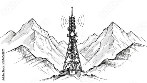 Detailed Sketch of a Tall Communication Tower on Mountain Peaks.