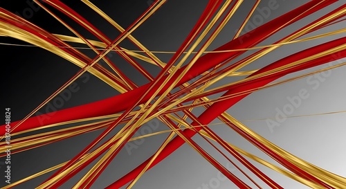 Abstract red and gold metal rods intersecting against a gradient black and white background creating dynamic geometry.