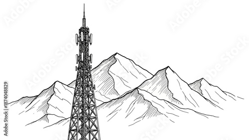 Detailed Black and White Sketch of a Communication Tower.