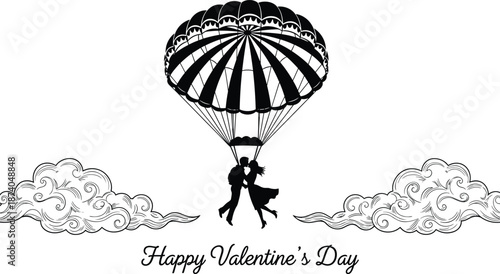 Romantic couple parachuting silhouette with Happy Valentine’s Day text, clouds, love theme vector for wedding and celebration design