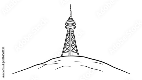 Black and White Cartoon Illustration of a Communication Tower on a Hill.