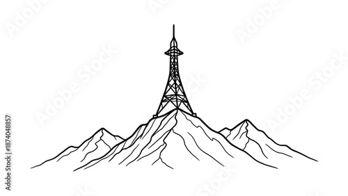 Black and White Mountain Range with Communication Tower Illustration.