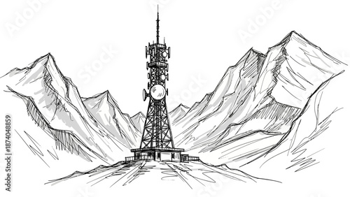 Detailed Black and White Sketch of a Communication Tower on Mountain.