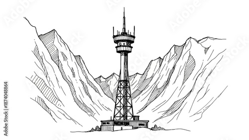 Detailed Black and White Sketch of a Communication Tower.