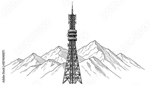 Detailed Black and White Illustration of a Tall Communication Tower.