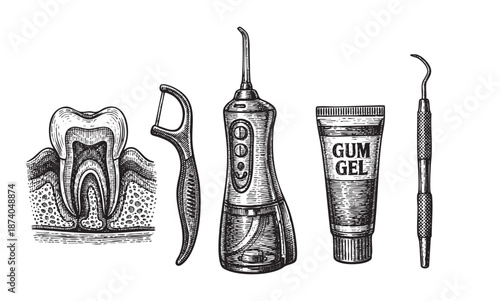 A detailed woodcut-style illustration displays dental hygiene tools including a dental floss pick, water flosser, gum gel tube, and scaler alongside a cross-section of a human tooth.