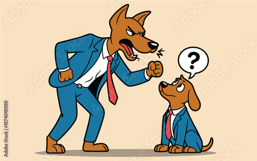An anthropomorphic dog in a blue suit scolding another dog in a similar attire, standing on a plain background, viewed from the side.