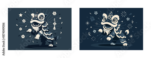 Festive chinese lion dance illustration with vibrant celebratory elements