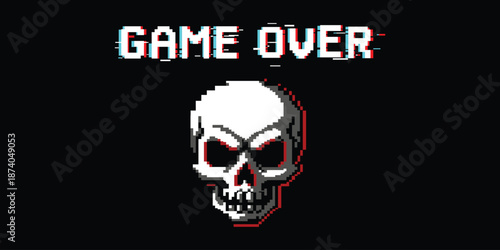 Game over pixel art illustration with skull icon, retro arcade game screen, failure state and classic gaming concept
