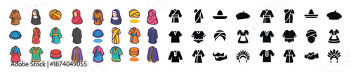 Diverse cultural attire icons: traditional clothing in color and silhouette