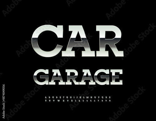 Vector Quality logo Car Garage. Stainless Steel  Font. Reflective Iron Alphabet Letters and Numbers set.