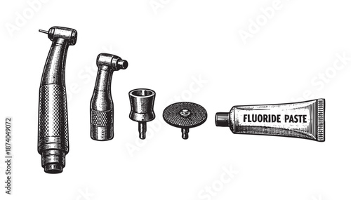 A vintage-style illustration in black and white depicts dental instruments including a dental drill, bur, and a tube labeled "Fluoride Paste" against a white background.