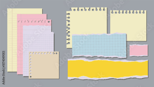 Collection of colorful notepads and paper sheets arranged in a graphic composition